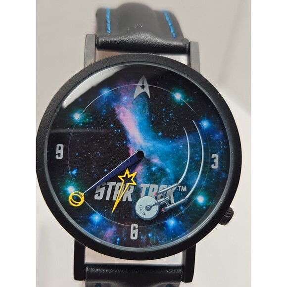Star Trek Enterprise Space Dial Quartz Watch New Battery Leather Strap Mens 38mm - Picture 4 of 12